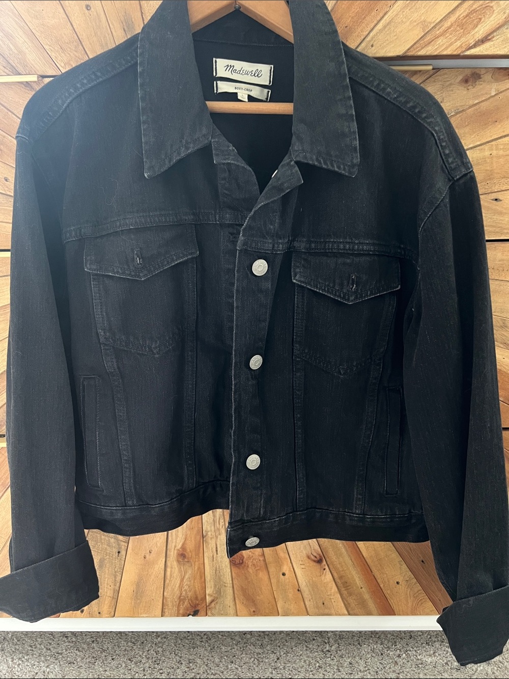 NWOT Madewell Black Denim Boxy Crop Jacket with Silver Buttons- L